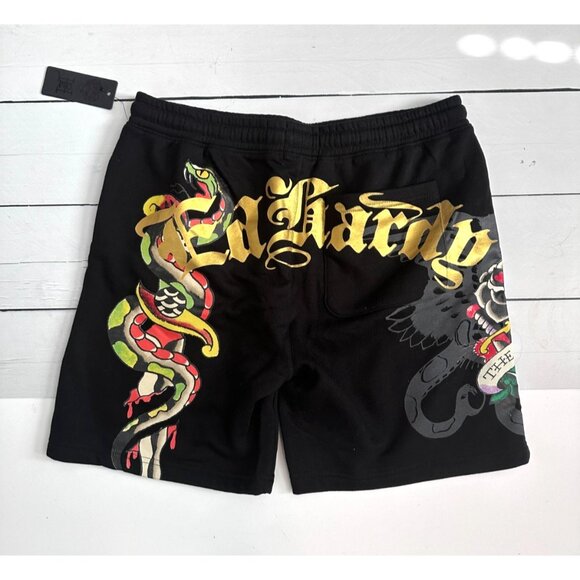 NWT Ed Hardy Dagger Rose Fleece Drawstring Shorts  Black Men's Sz L - Picture 1 of 6